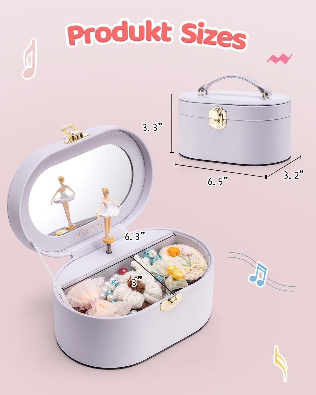 VLANDO Musical Jewelry Box for Girls, Oval Design with Spinning Ballerina | Large Compartment for Daily Treasures, Plays Canon Melody, Built-In Mirror and Soft Portable Handle, Birthday Christmas Gift