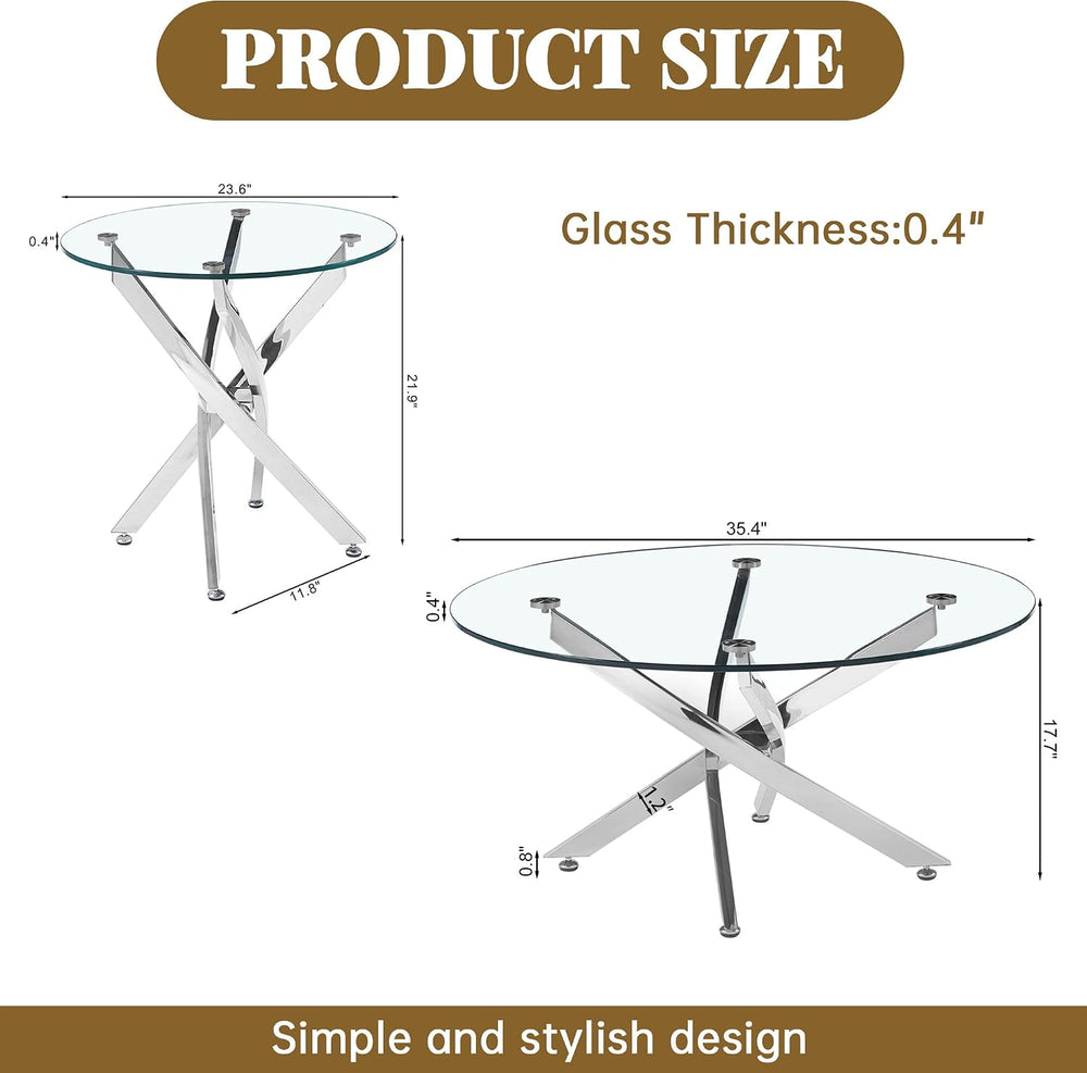 Round Glass Coffee Table Set with 1 Coffee & 1 End Table, Modern Living R...