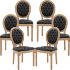 French Country Dining Chairs Set of 6, Black Kitchen & Dining Room Chairs, Faux Leather Tufted Upholstered, Wood Legs, Sillas De Comedor (PU, Black, 6Pcs)