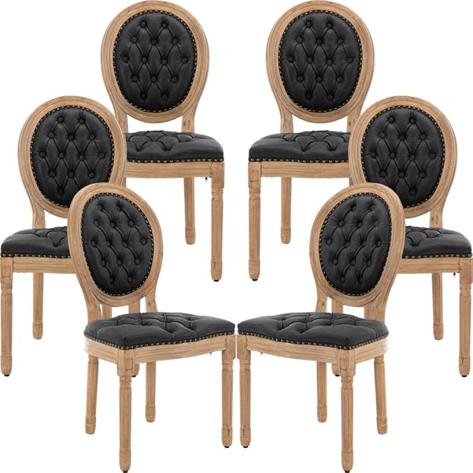 French Country Dining Chairs Set of 6, Black Kitchen & Dining Room Chairs, Faux Leather Tufted Upholstered, Wood Legs, Sillas De Comedor (PU, Black, 6Pcs)