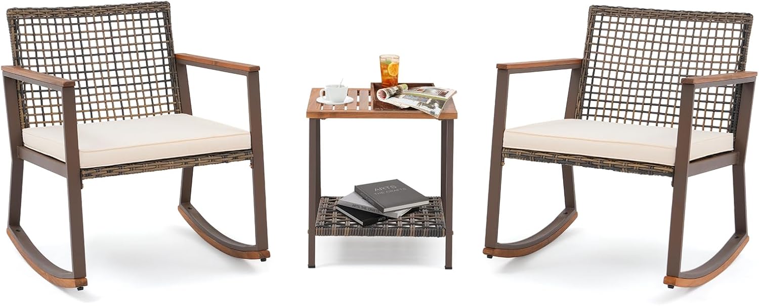 Verano Garden 3 Pieces Rocking Bistro Set, Conversation Bistro Set | Outdoor Chairs and Table Set, Wood Armrest, Soft Cushions, Small Porch Set, Balcony Set, Garden, Patio, Yard, Mix Brown