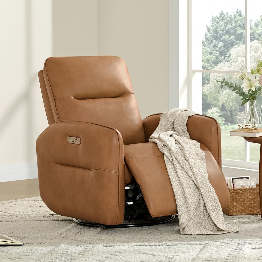 CHITA Faux Leather Power Recliner Chair, Swivel Glider, Camel | Nursery Rocking Chair for Adults with USB & Type-C Charging Ports, Electric Recliner for Living Room & Bedroom