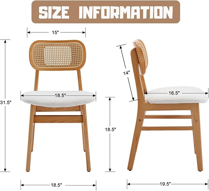Rattan Dining Chairs Set of 4 White Lambswool Dining Room Chairs Natural Wooden Kitchen Chairs Farmhouse