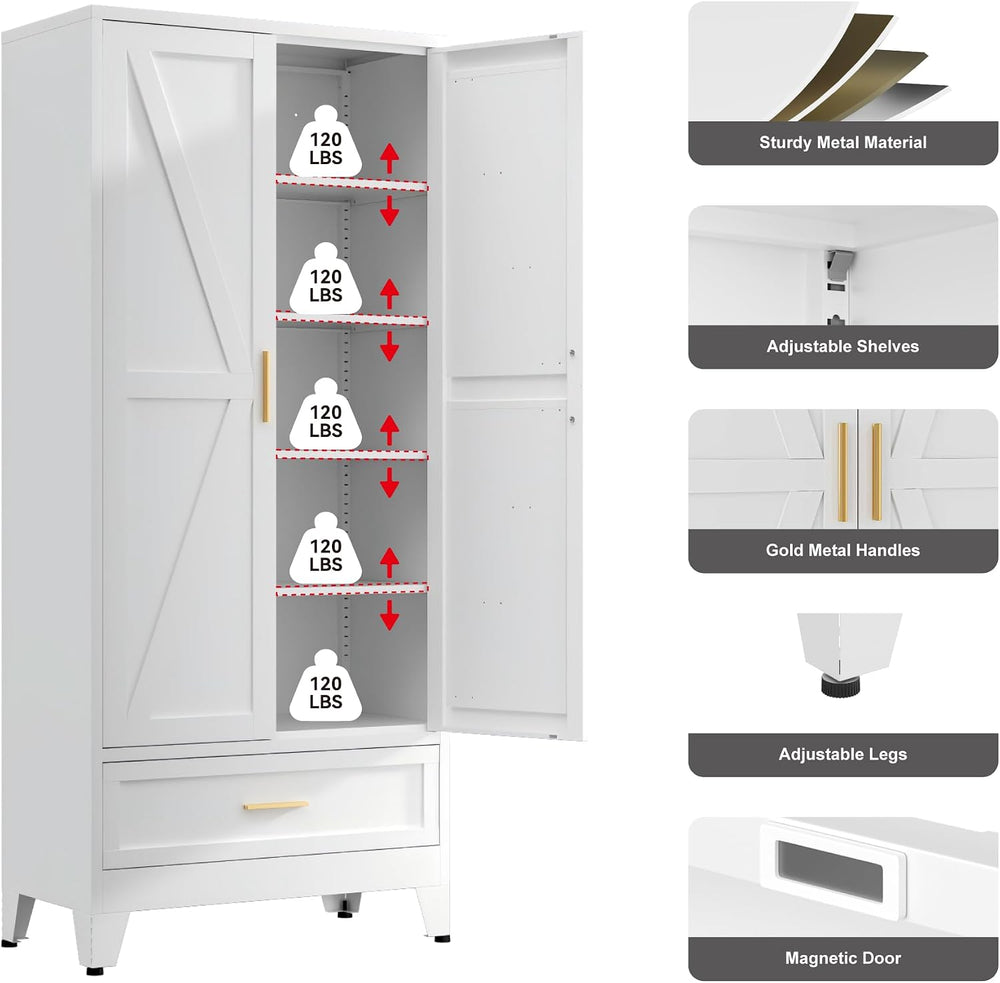 QINPTWUT 71" Storage Cabinet with Bottom Drawer, Pantry Cabinet in White...