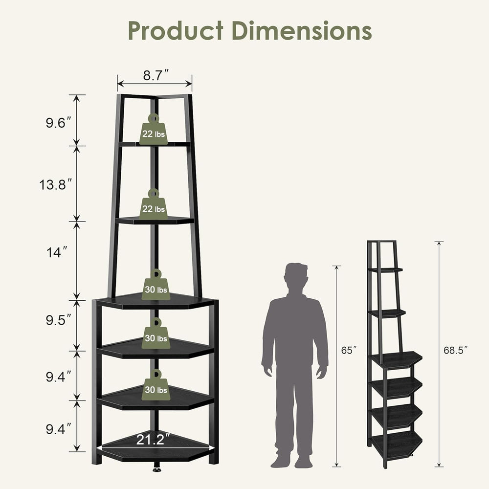 VECELO 6 Tier Corner Shelf 69 Inch Industrial Bookshelf with Metal Frame, Mul...