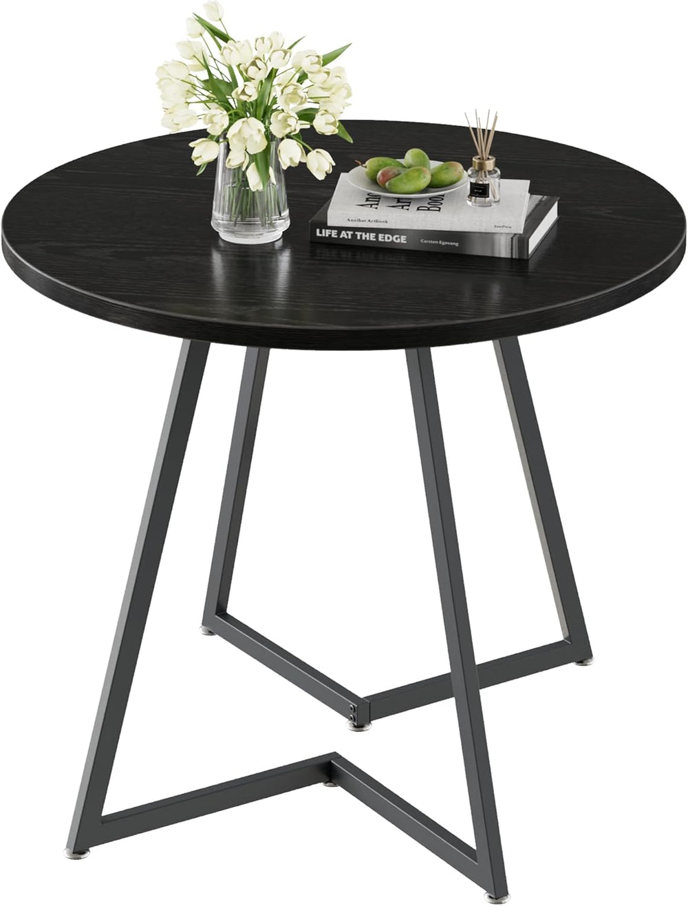 VECELO Round Dining Room Table with Wood Grain Tabletop and Steel Frame, for ...