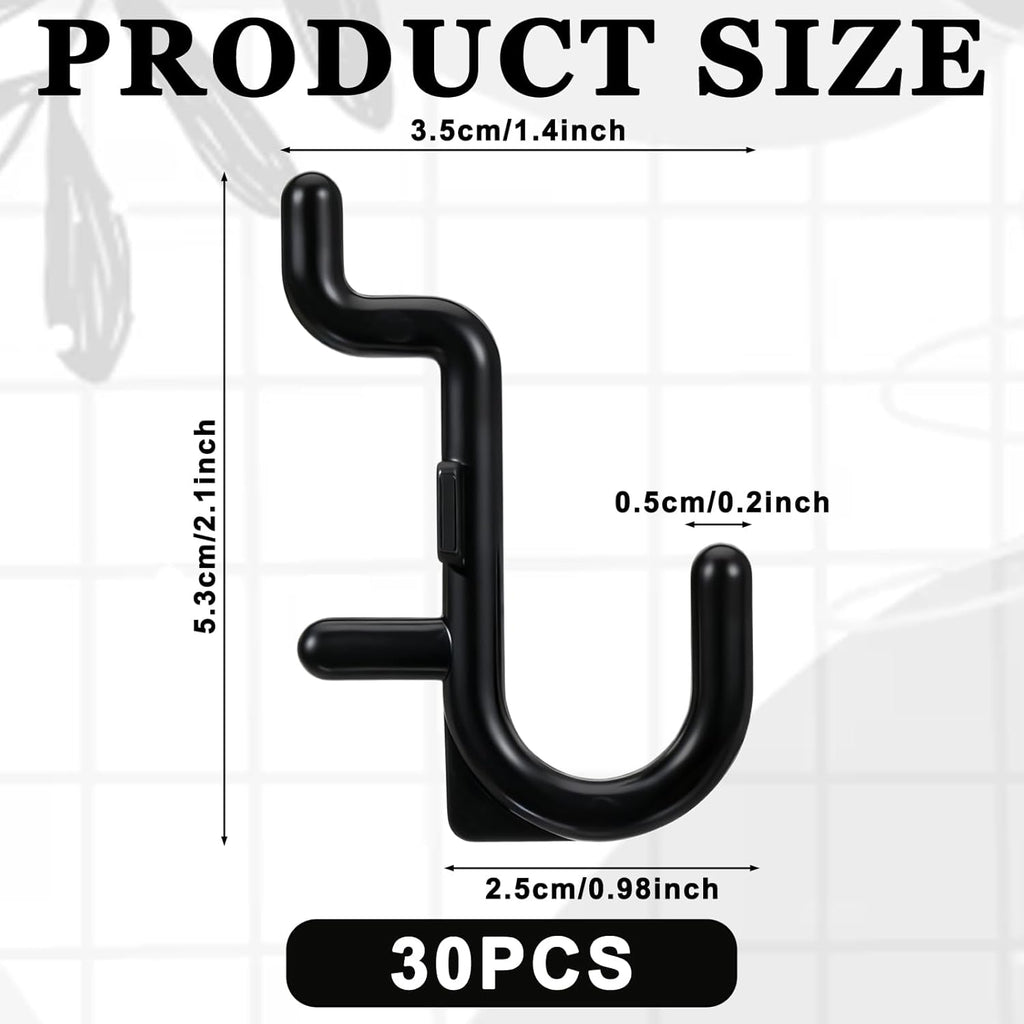 30 Pcs Black Pegboard Hooks, 1/4" Plastic Pegboard Hooks J Hooks Wall Display Assortment Peg Board Hooks for Hanging Tools Jewelry Necklaces Keys Organizer