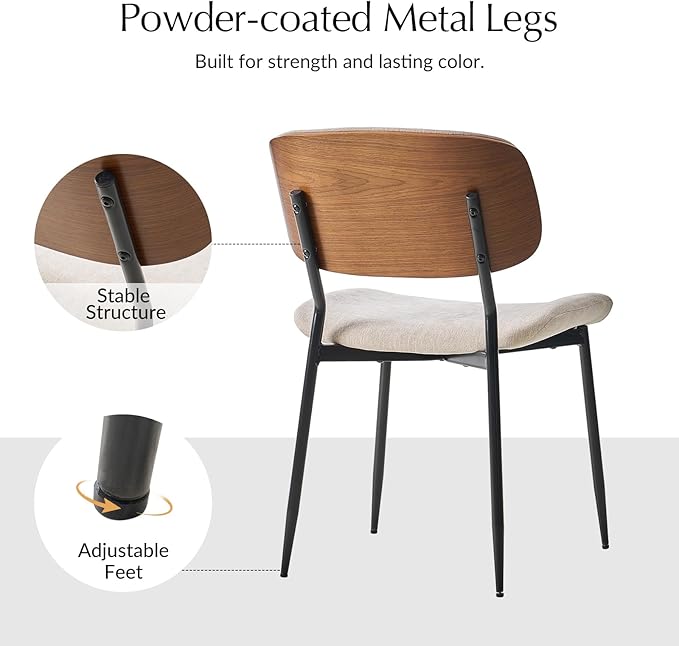 HULALA HOME Dining Chairs Set of 6 Mid-Century Modern Upholstered Kitchen Dining Room Chairs with Wood Curved Backrest, Black Metal Legs Fabric Dinner Chair for Living Room Cafe Restaurant Linen