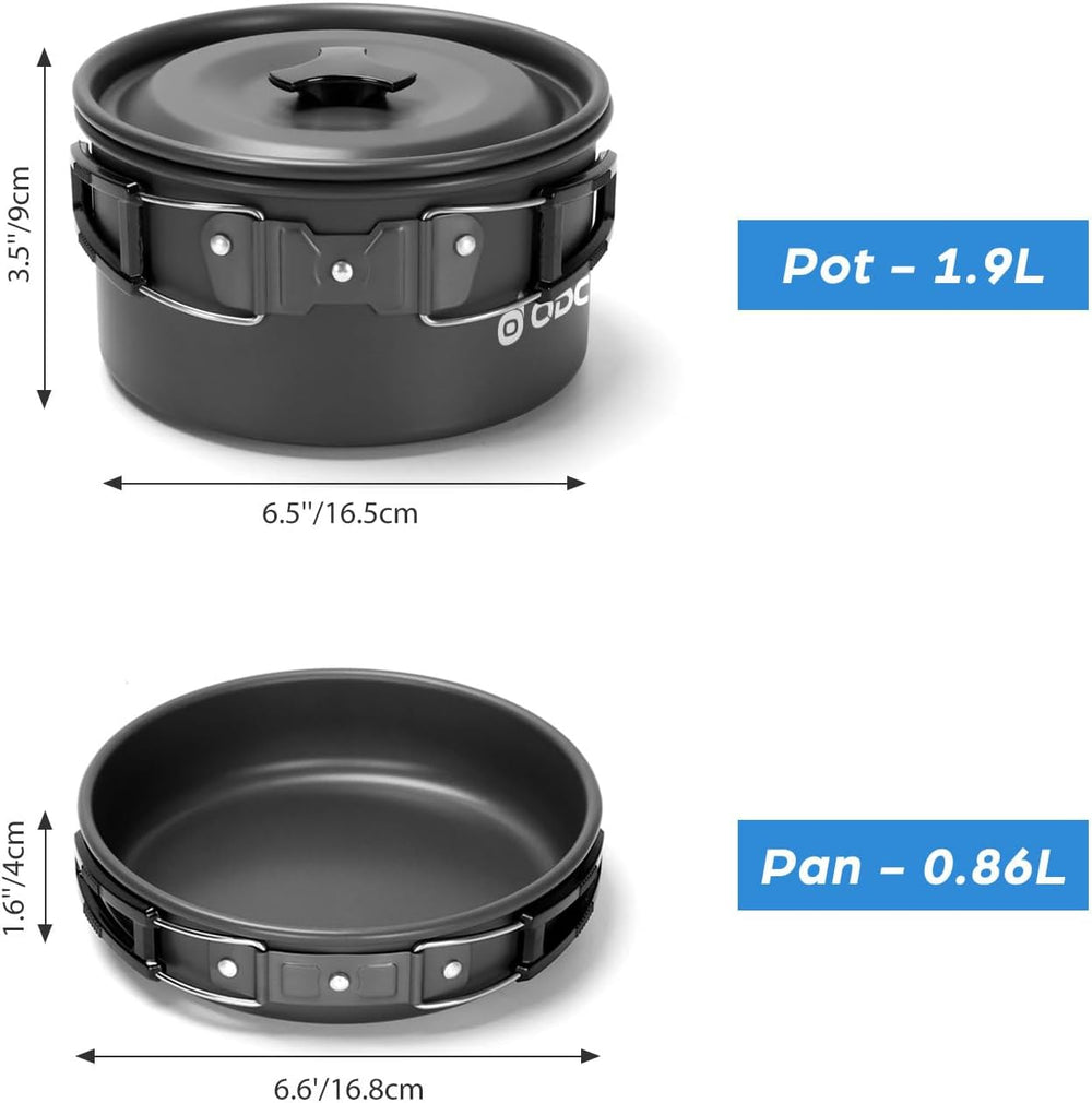 Odoland 19pcs Camping Cookware Mess Kit, Non-Stick Pot Pan Kettle Set for 2