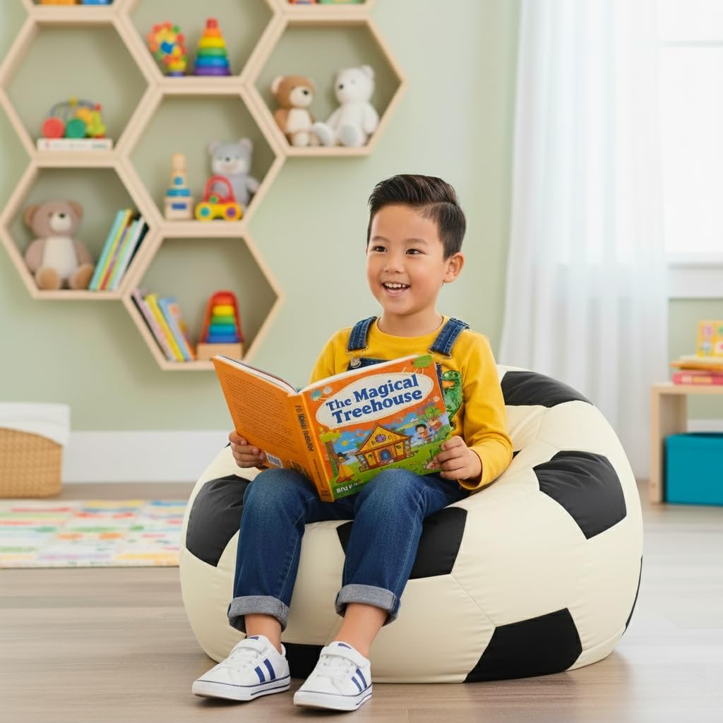 Dojo Classic Kids Bean Bag Chair (Filled) - Tough, Stain Resistant and Ultra Comfortable (Football White)