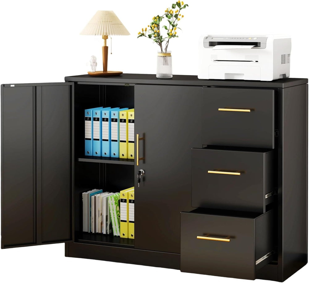 Tokawa Large Metal Office Storage Cabinet with 3 Drawers & 2 Doors, 46.46...