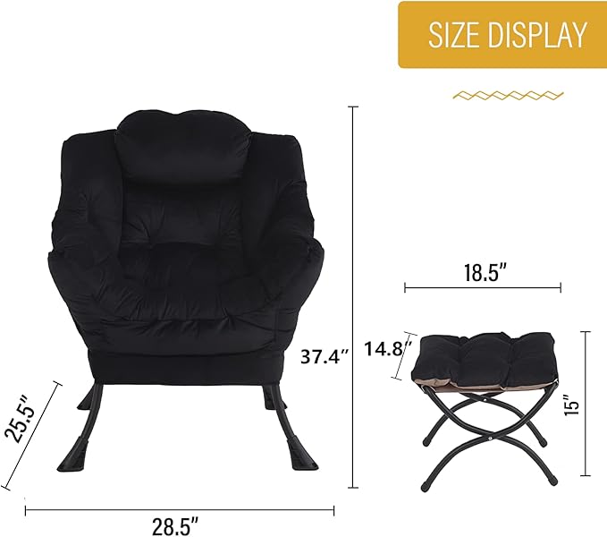 Welnow Lazy Chair with Ottoman, Modern Lounge Accent Chair with Armrests and a Side Pocket, Leisure Sofa Armchair, Reading Armchair with Footrest for Small Space, Black