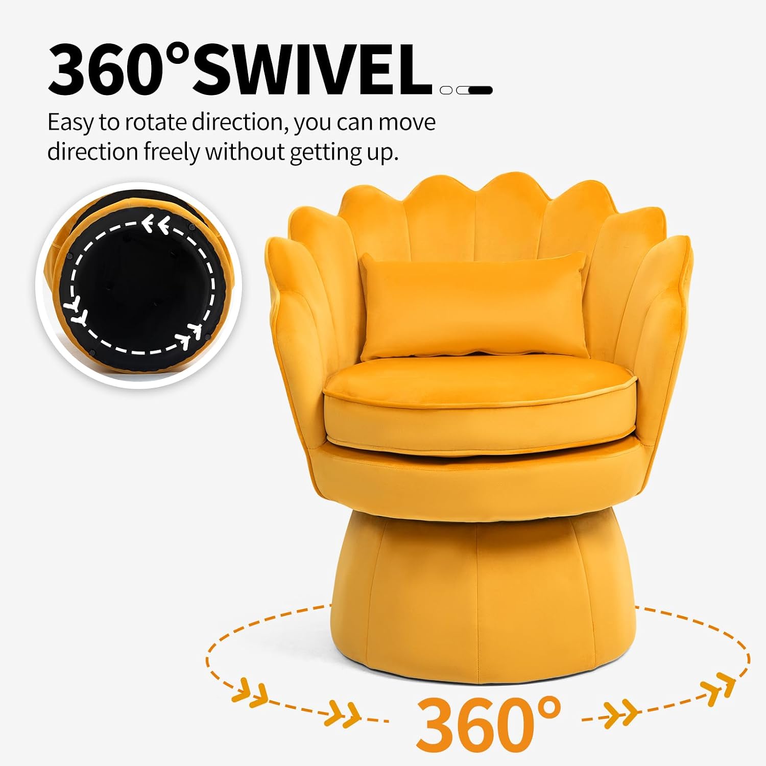 ZJhome Swivel Accent Chairs, 360° Mid-Century Modern Velvet Barrel Chair, Comfy Shell Shape Arm Chair with Lumbar Pillow for Living Room, Bedroom, Office,Dark Yellow, Set of 1