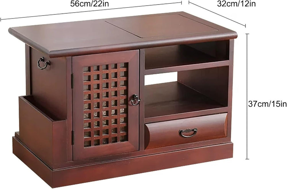 Japanese Tea Cabinet Floor Table, Paulownia Wood Side Table with Tray and Sto...