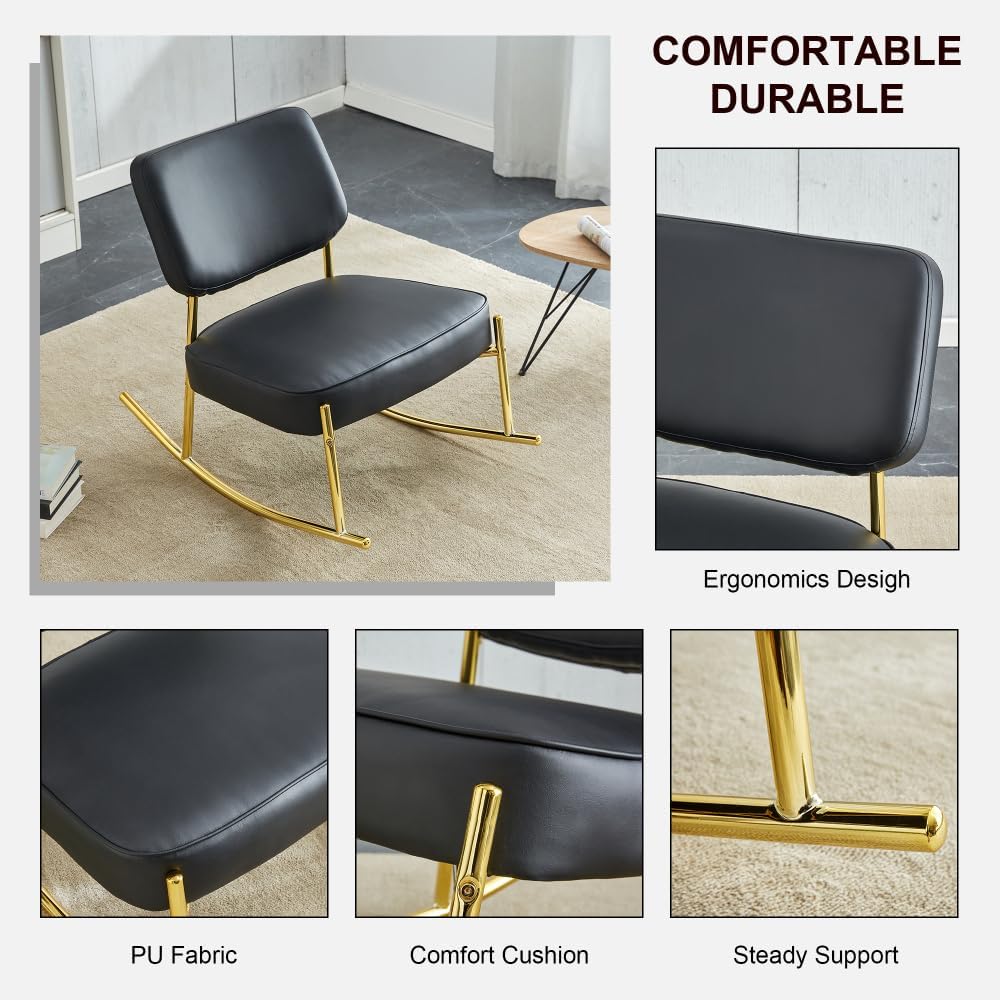 Modern Rocking Chair with PU Cushioned Seat, Black Backrest, Gold Metal Legs ...