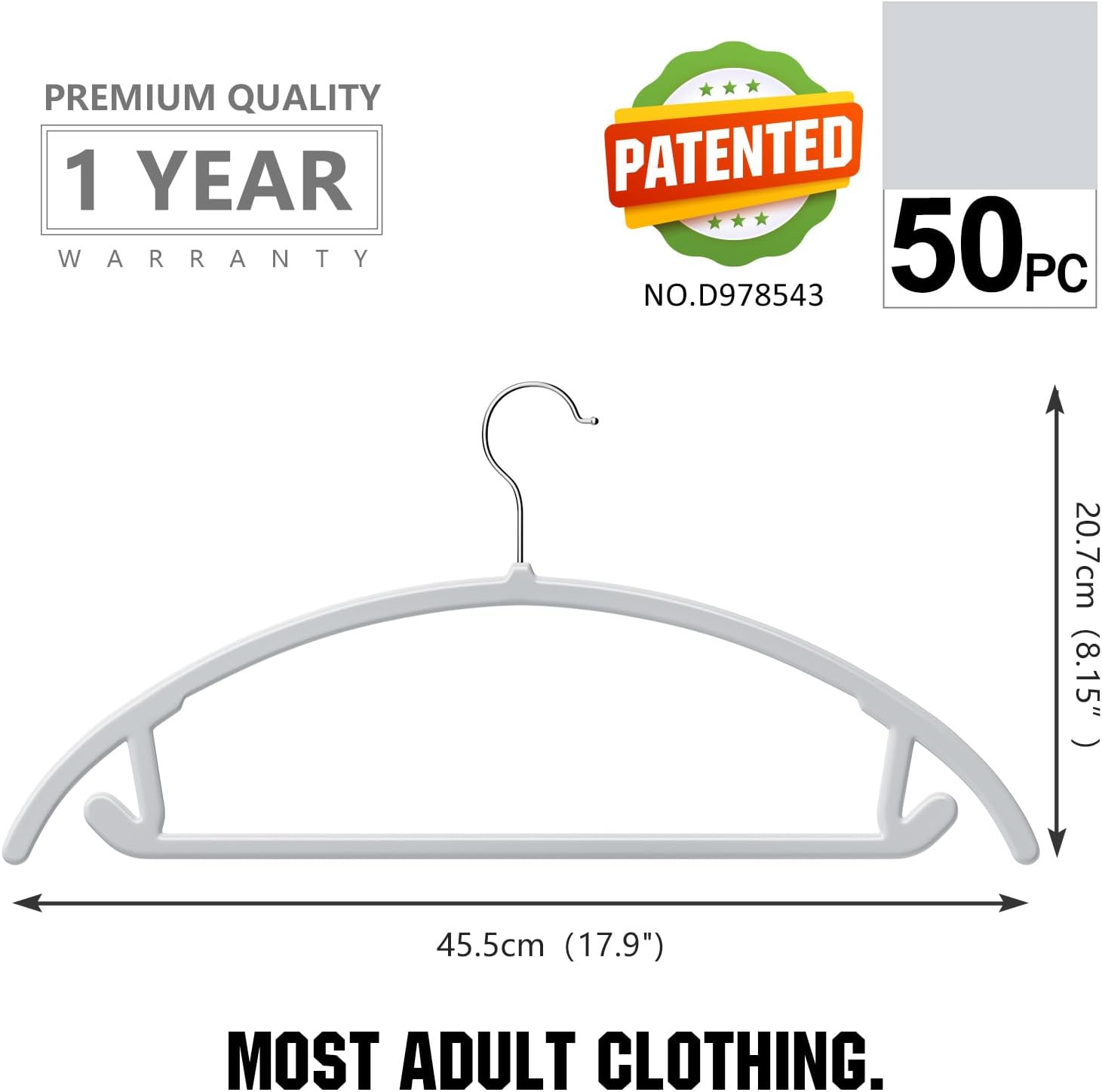 MIZGI Premium Plastic Hangers (Pack of 50) Heavyduty- Gray No Shoulder Bump Suit Hangers - Space Saving Clothes Hangers,Rounded Hanger for Coat,Sweater,Jackets,Pants