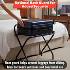 Folding Luggage Rack, Heavy-Duty Metal Frame, Foldable Suitcase Stand for Hotel Guest Room, Travel Bag Holder, Space-Saving Design (Chrome, With Back / Guard)