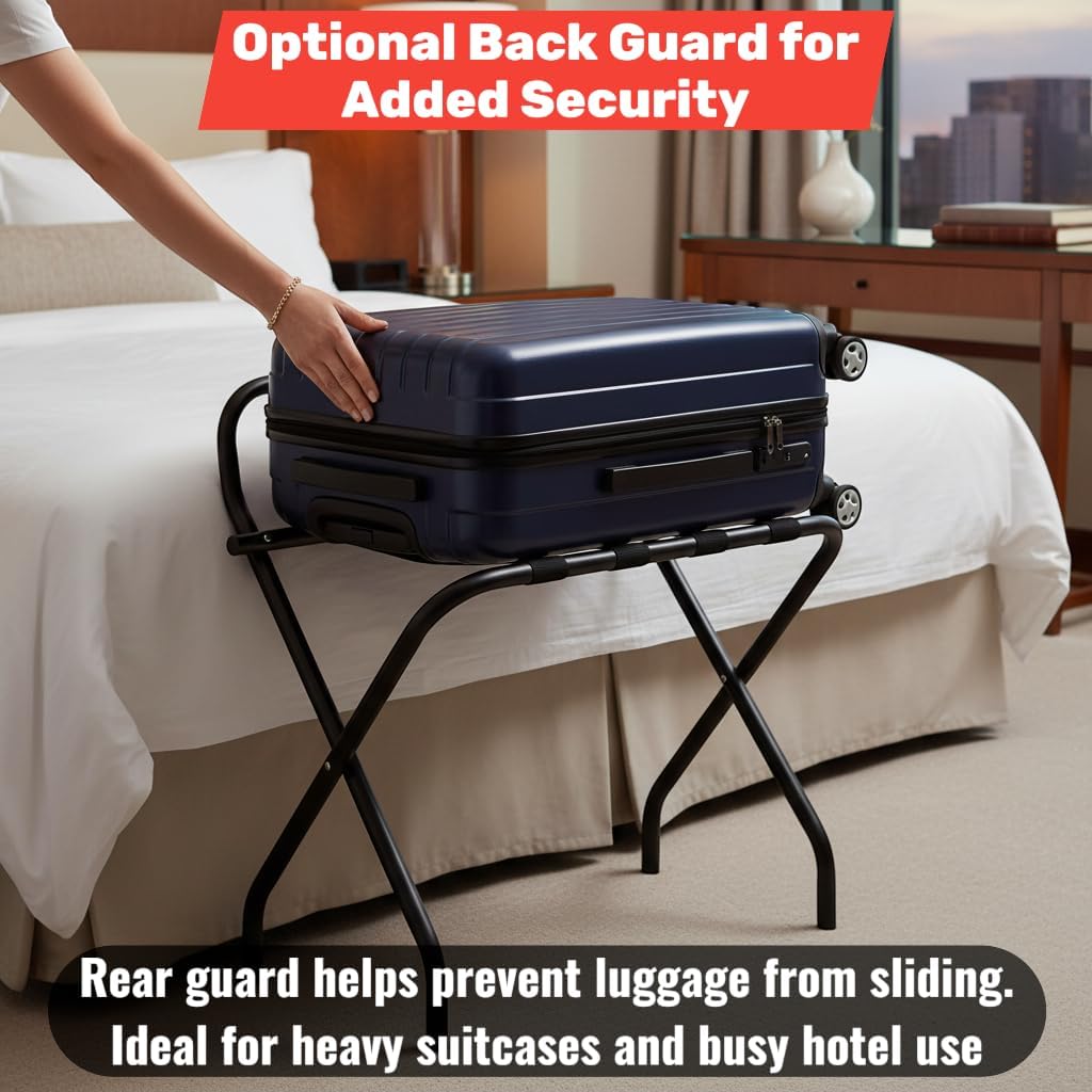 Folding Luggage Rack, Heavy-Duty Metal Frame, Foldable Suitcase Stand for Hotel Guest Room, Travel Bag Holder, Space-Saving Design (Chrome, With Back / Guard)