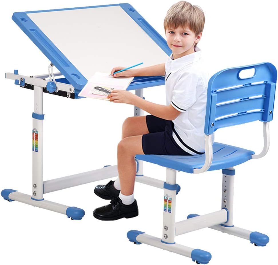 Dkeli Kids Desk and Chair Set Adjustable Height Ergonomic Children's Table with Storage Drawer Kids Study Homework Desk Table for 3-15 Years Old (Blue)