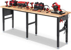 Workbench 96 x 24 Inch Adjustable Height Heavy Duty Work Table with Power Outlets & Extended Pegboard 5000 Lbs Load Capacity Rubber Wood Top Workstation for Garage, Workshop, Home, Office