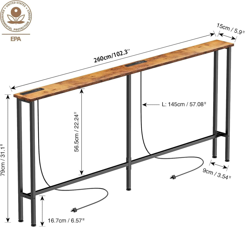 Keelian 102" Narrow Console Sofa Table - 2 Power Outlets & 4 USB Por...