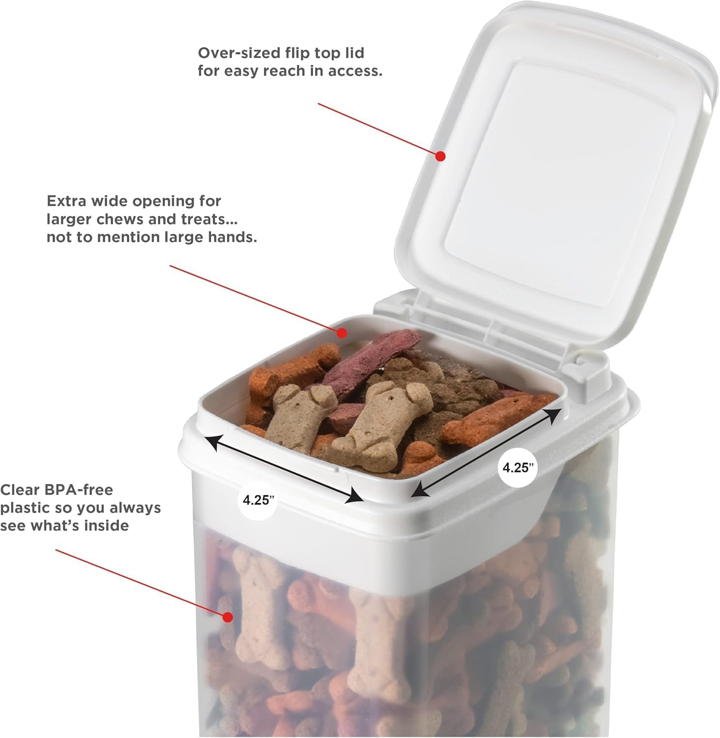 Buddeez Pet Treat Container for Dogs and Cats - 3.5 Quart Flip Top Storage Bin - Bites And Bones Design - Airtight Food Holder