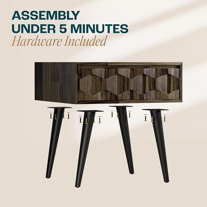 Bme Georgina Solid Wood Nightstand with Drawers, Pre-Assembled Rustic Nighstand with Geometric Pattern, Mid Century Modern Side Table for Living Room, Bedroom - Mocha