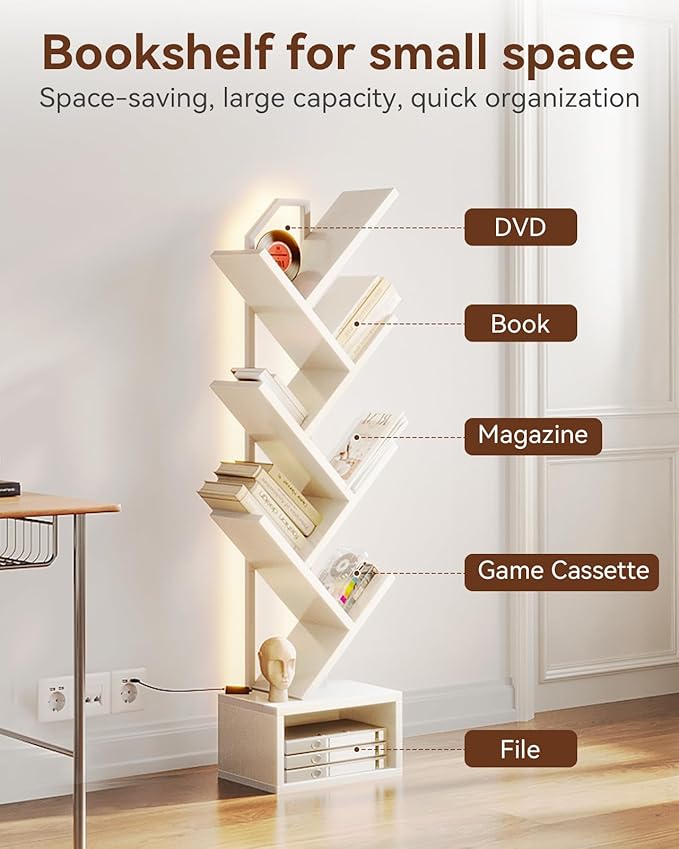 Casaottima White Tree Bookshelf with LED Light Strip — 6-Tier Small Floor Sta...