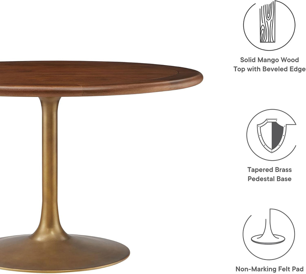 Modway Lippa 48 Inch Round Wood Dining Table with Metal Pedestal in Brass Wal...