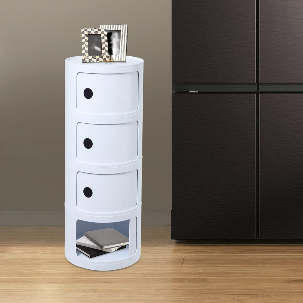 4-Tier Round Nightstand with Storage, Modern White ABS Bedside Table, 40KG Lo...