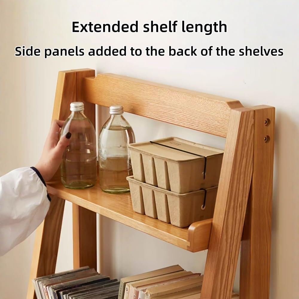 4-Tier Solid Wood Ladder Shelf, Space-Saving Leaning Bookshelf | Modern Multifunctional Storage Shelves for Living Room, Bedroom and Home Office Organization(Natural,44cm/17.3in)