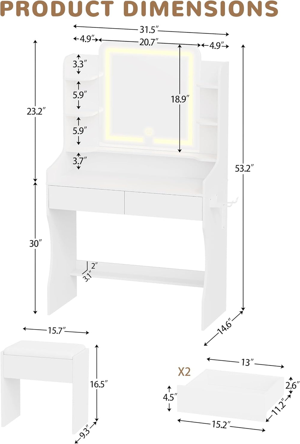 wanan Vanity Desk with Mirror and Lights, Makeup Vanity with 3 Color Adjustab...