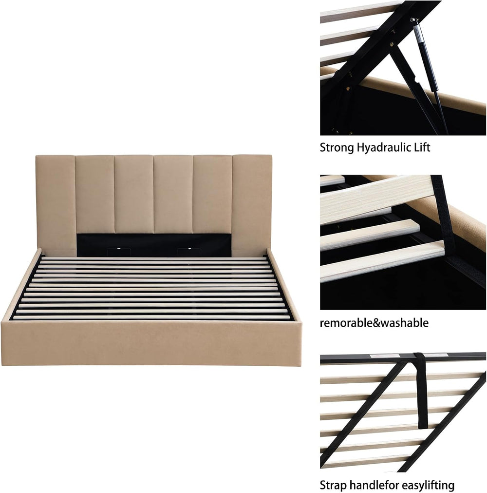 VELOCAVA King Size Upholstered Lift-Up Storage Bed, Beige Linen-Look Fabric B...
