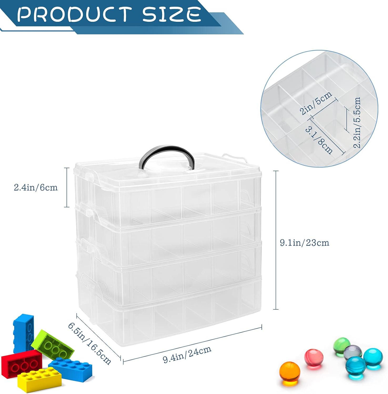 4-Tier Stackable Storage Container Box with 40 Adjustable Compartments, Plastic Organizer Box Transparent Storage Case for Kids Toys, Art Crafts, Jewelry, Supplies, Fuse Beads, Washi Tapes