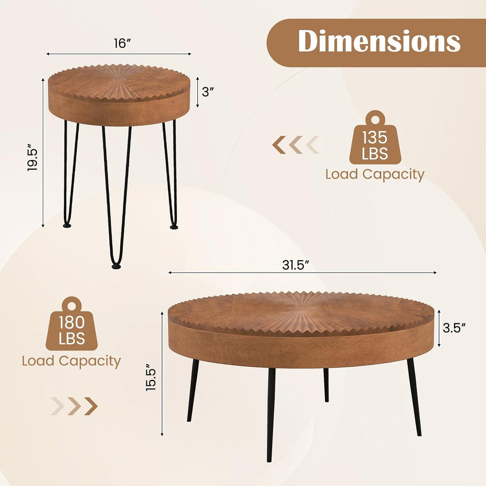 COSTWAY Farmhouse Round Coffee Table Set of 2, Rustic Sofa Side Tea Tables w/...