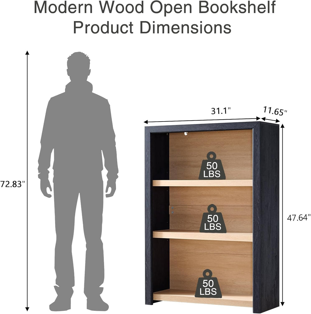 Book Shelf, 3-Tier Bookshelf with Adjustable Shelves,Free Standing Modern 48&...