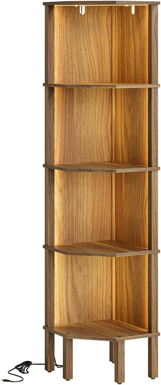 Corner Shelf, 5 Tier Corner Bookshelf with LED Light,Wall Display Corner Shelf Stand with Storage Rack for Living Room,Bedroom,Office,Walnut