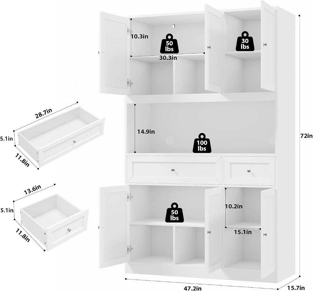 BOTLOG 72" Kitchen Pantry Cabinet, Kitchen Hutch with Microwave Stand, B...