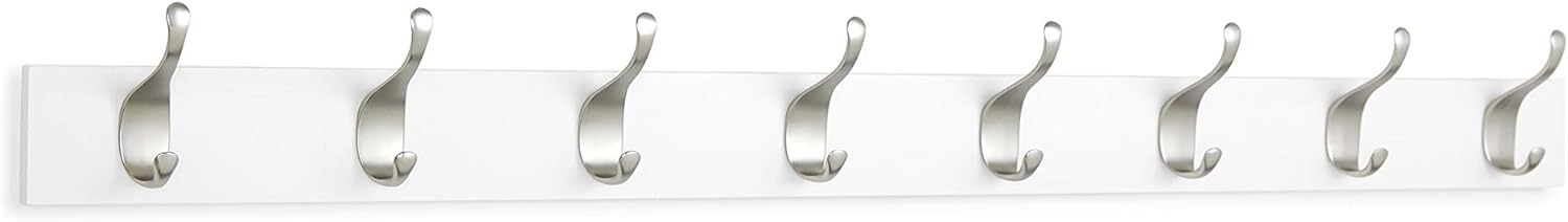 Amazon Basics Wall Mounted Modern Coat Rack with Versatile Storage Hooks, Rectangular, 8-Hook, White