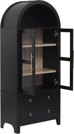 Arched Kitchen Pantry Cabinet, Modern Farmhouse Kitchen Tall Storage Cabinet with Drawers, Adjustable Shelves and Glass Door, Versatile Wooden Cupboard for Dining Room, 71"H x 30"W x 15.75"D, Black
