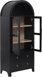 Modern Tall Arched Kitchen Pantry Cabinet with 2 Drawers, Wood Storage Cabinet Cupboard with Adjustable Shelves and Glass Door for Kitchens, Dining Room (Black)