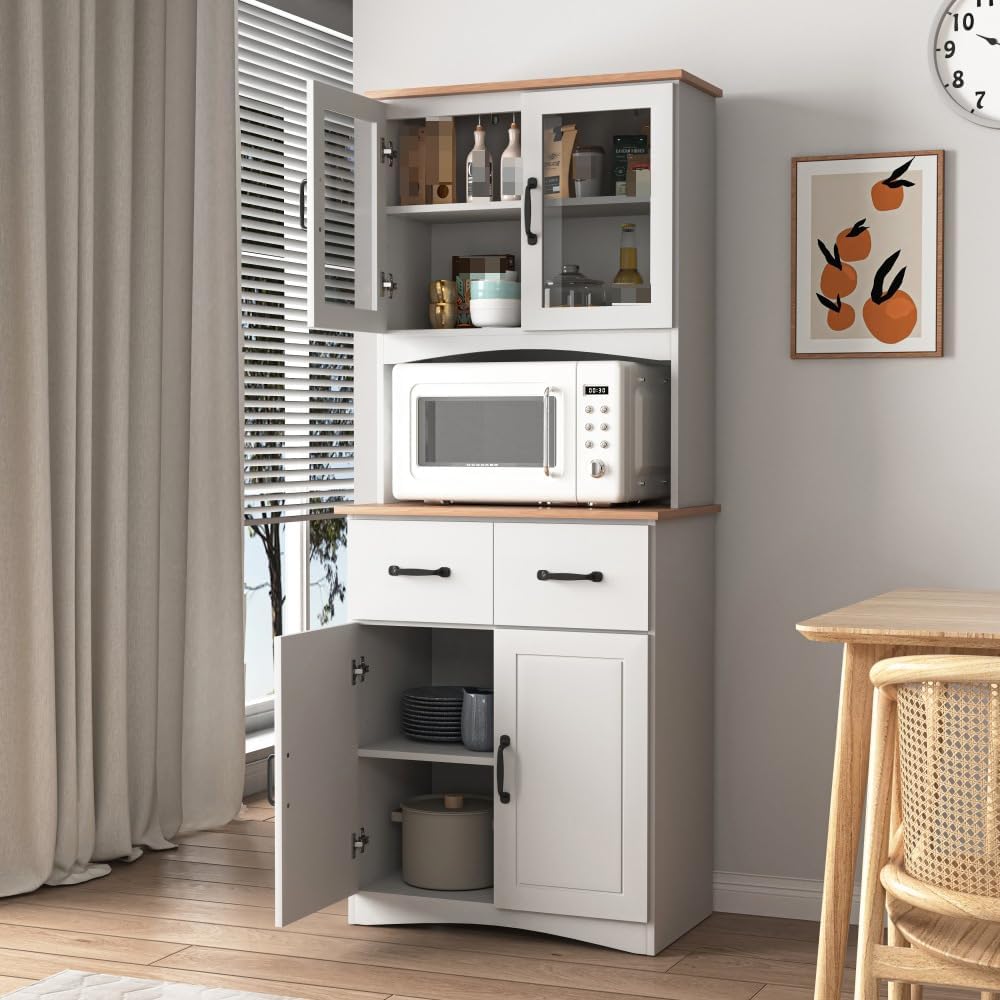 White Wooden Kitchen Cabinet, Pantry Storage Unit with Framed Glass Doors, Mi...
