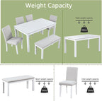 KEIKI 6-Piece Standard Height Dining Table Set with Rectangular Table, 4 Upholstered Chair, Bench, for 6 Person, Modern Crystal Decoration Table Set, Easy Assembly, for Kitchen, Dining Room, White