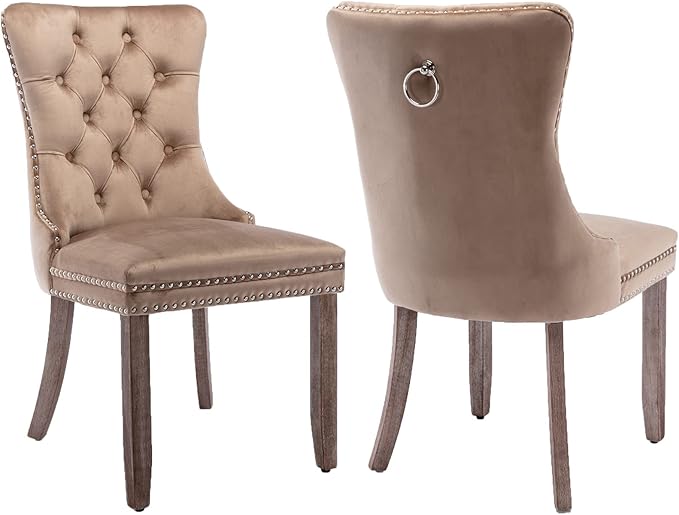 Modern Dining Chairs Set of 2, Tufted Upholstered Dining Chair with Solid Wood Legs, Camel Velvet Accent Chair, Sillas de Comedor, Comfy Kitchen Chairs (Khaki, Velvet, 2Pcs)