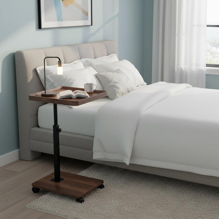C Shaped End Table Adjustable Height, 360°Swivel TV Tray Table, Walnut Brown Movable Side Table with Sliding Wheels for Living Room, Bedroom, Couch, Bed, Chair, Snack