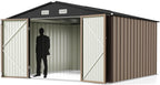 Greesum 10x10FT Outdoor Storage Shed, Utility Tool Shed Metal Storage Garden Shed with Door & Lock for Patio Storage, Brown