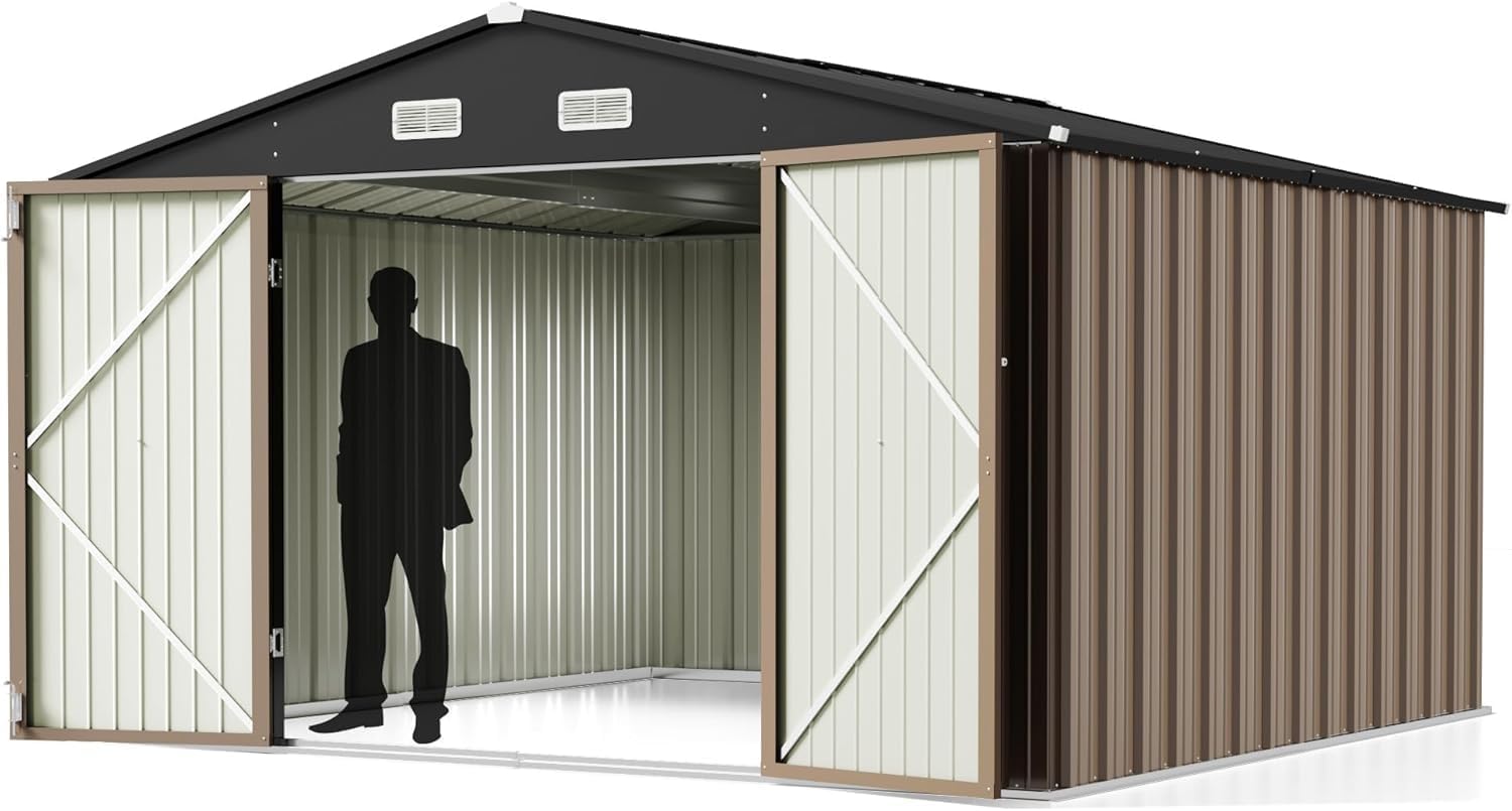 Greesum 10x10FT Outdoor Storage Shed, Utility Tool Shed Metal Storage Garden Shed with Door & Lock for Patio Storage, Brown