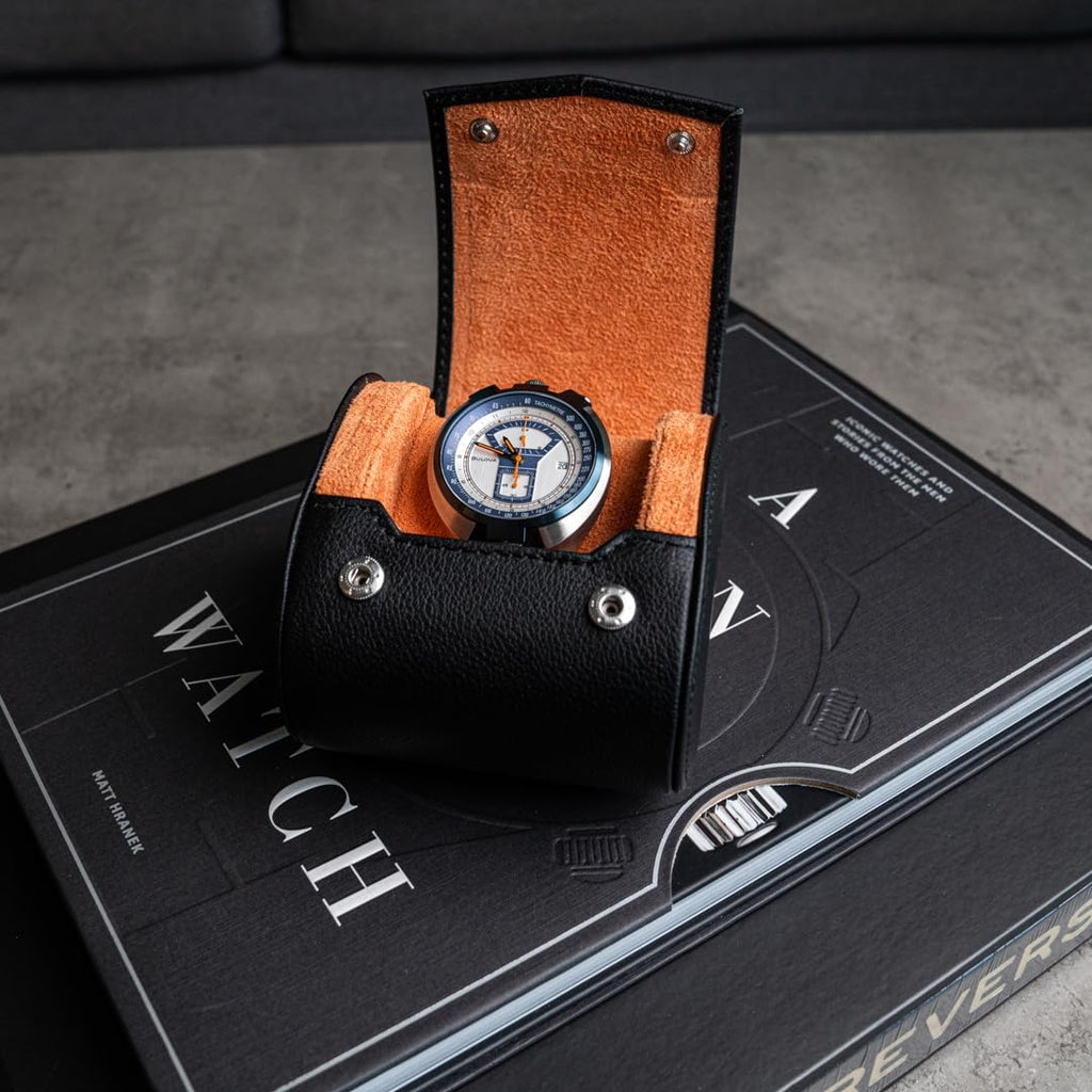 DailyWatch | Personalized Watch Roll Travel Case For 1 Watches - Handmade Genuine Leather Travel Case With Custom Engraving of Name or Initials - Black Orange
