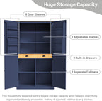 Freestanding Kitchen Pantry Large Cupboard Storage Cabinet with 2 Drawers, 2 Adjustable Shelves, 8 Door Shelves for Kitchen, Dining Room Blue