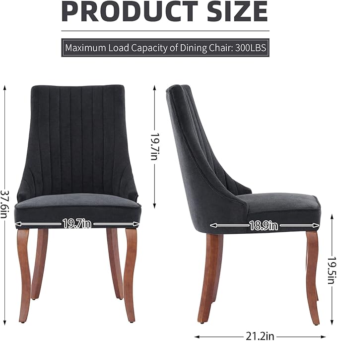 Linen Dining Chairs Set of 2，Fabric Channel Tufted Kitchen Chairs, Upholstered Accent Chairs with Curved Solid Wood Legs, Comfortable Dining Chair for Dining Room, (Black, 2pc)